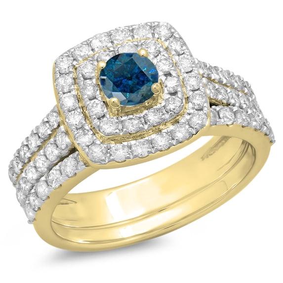 1.50 Carat (ctw) 14K Yellow Gold Round Blue & White Diamond Ladies Halo Style Bridal Engagement Ring Matching Band Set 1