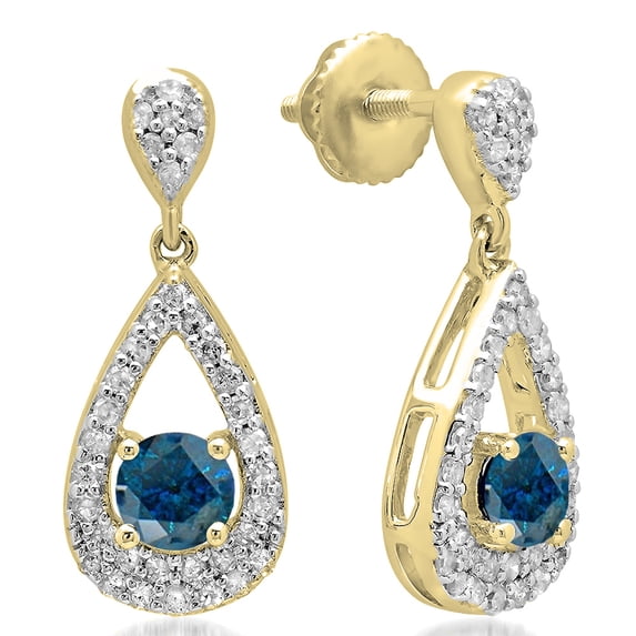 1.50 Carat (ctw) 14K Yellow Gold Round Cut Blue & White Diamond Ladies Dangling Drop Earrings 1 1/2 CT