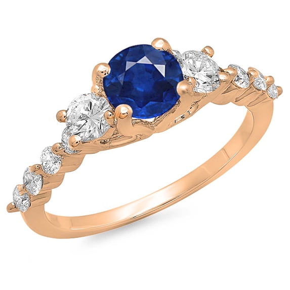 1.50 Carat (ctw) 18K Rose Gold Round Blue Sapphire & White Diamond Ladies Bridal 3 Stone Engagement Ring 1 1/2 CT