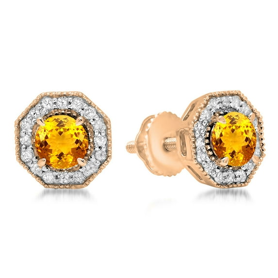 1.50 Carat (ctw) 18K Rose Gold Round Cut Citrine & White Diamond Ladies Halo Style Stud Earrings 1 1/2 CT