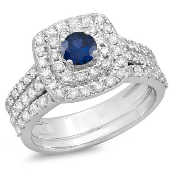 1.50 Carat (ctw) 18K White Gold Round Blue Sapphire & White Diamond Ladies Halo Style Bridal Engagement Ring Matching Ba