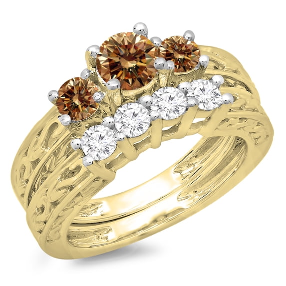 1.50 Carat (ctw) 18K Yellow Gold Round Cut Champagne & White Diamond Ladies Vintage 3 Stone Bridal Engagement Ring With