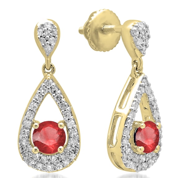 1.50 Carat (ctw) 18K Yellow Gold Round Cut Ruby & White Diamond Ladies Dangling Drop Earrings 1 1/2 CT