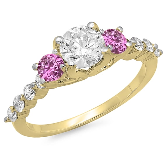 1.50 Carat (ctw) 18K Yellow Gold Round Pink Sapphire & White Diamond Ladies Bridal 3 Stone Engagement Ring 1 1/2 CT