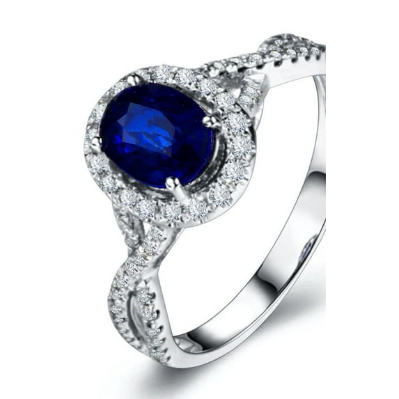 1.50 Carat oval cut Blue Sapphire and Diamond Halo Engagement Ring in White Gold