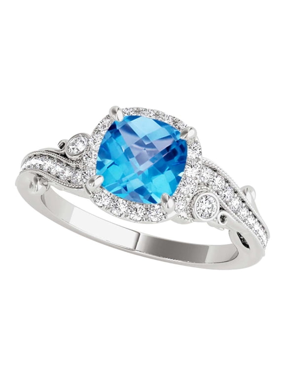 1.50 Carats Cushion Cut Blue Topaz And Diamond Ring In 10K Solid White Gold