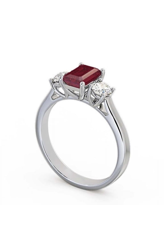 1.50 Ct Emerald Cut Real Diamond Red Ruby Gemstone Shiny Three Stone Ring for Wedding 14K White Gold Size 11.5