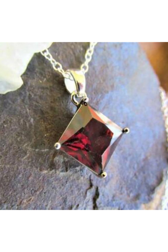 1.50 Ct Princess Cut Red Garnet Pendant Necklace 14K White Gold Plated Solitaire Pendant, Square CZ Necklace, Graduated Drop Pendant for Women