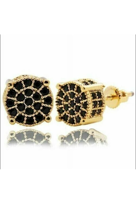1.50 Ct Round Cut Black Diamond Men's Cluster Stud Earrings 14K Yellow Gold Plated Silver
