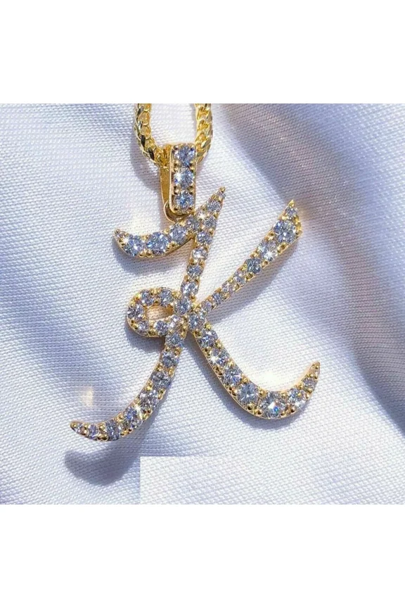 1.50 Ct Round Moissanite Custom K Letter Men's Pendant 14K Yellow Gold Plated