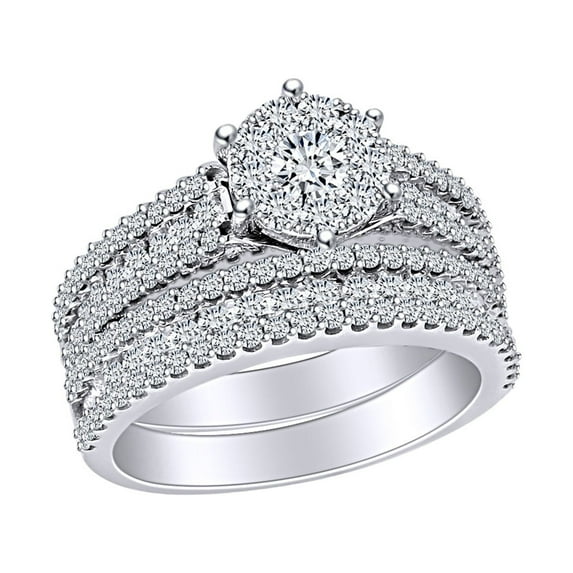 AFFY 1.50 Cttw Round Cut White Natural Diamond Halo Bridal Engagement Ring Set 14k Solid White Gold (I-J Color)