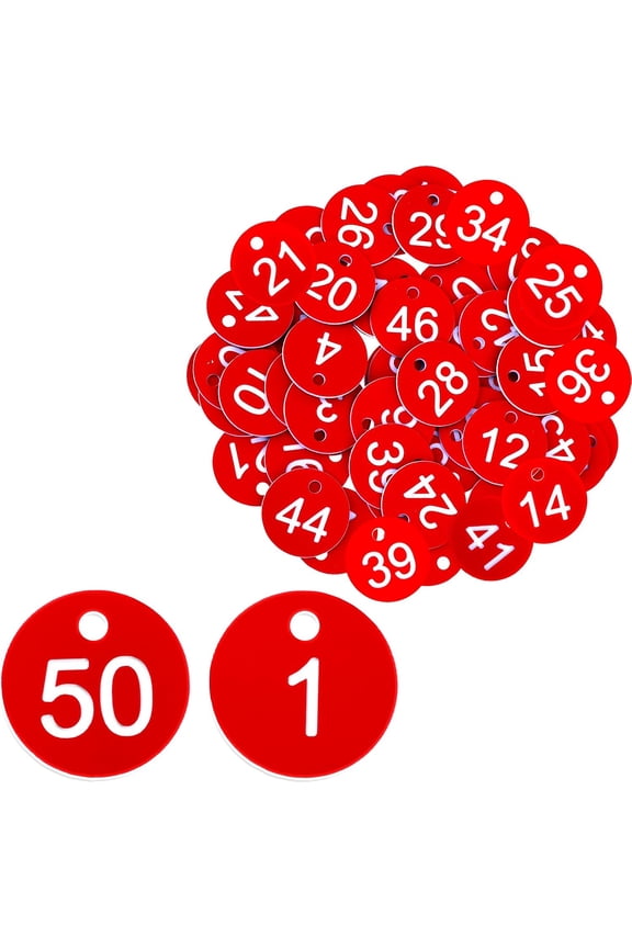 1-50 Number Tags, Plastic ID Number Hang Tags with Hole, Engraved Round Numbered Marking Identification Tags, Key Box Cabinet Organized Coding Tag(Red)