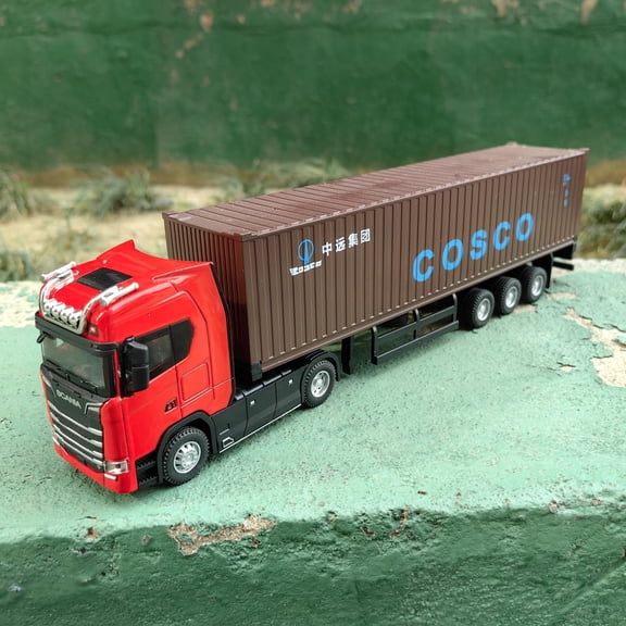 1/50 Scale Diecast Container Truck Model, Alloy Transport Vehicle with Sound, Light & Pull Back Function