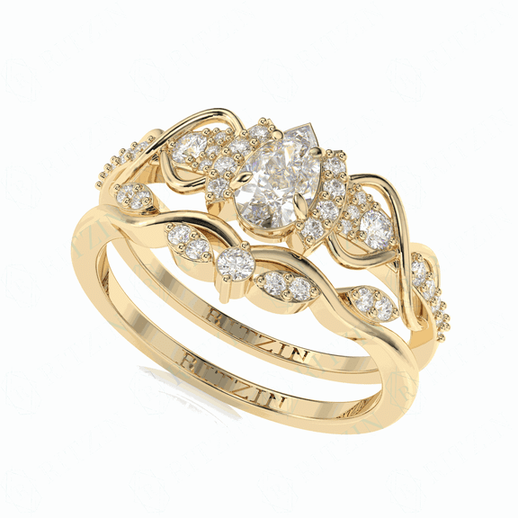 1.50 TCW Lab Grown Diamond Pear Cut Bridal Set Engagement Ring 10K Yellow Gold