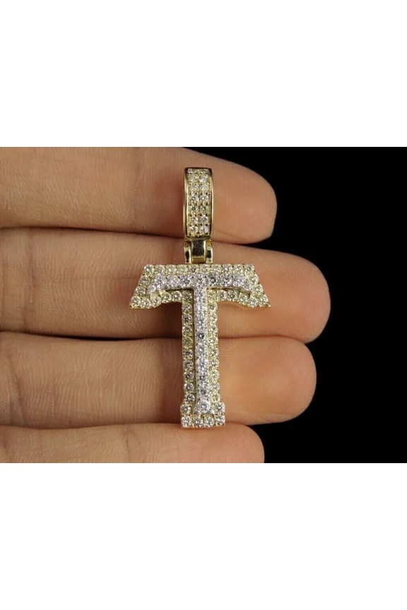 1.50 TCW Moissanite 3D Initial "T" Letter Men's Pendant 14K Yellow Gold Plated