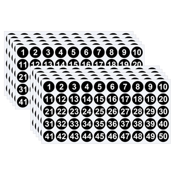 1 To 50 Vinyl Consecutive Number Stickers, 1 Inch Small Round Numbered Stickers, 10Pcs Vinyl Consecutive Number Labels for Storage, Organizing, Boxes Black