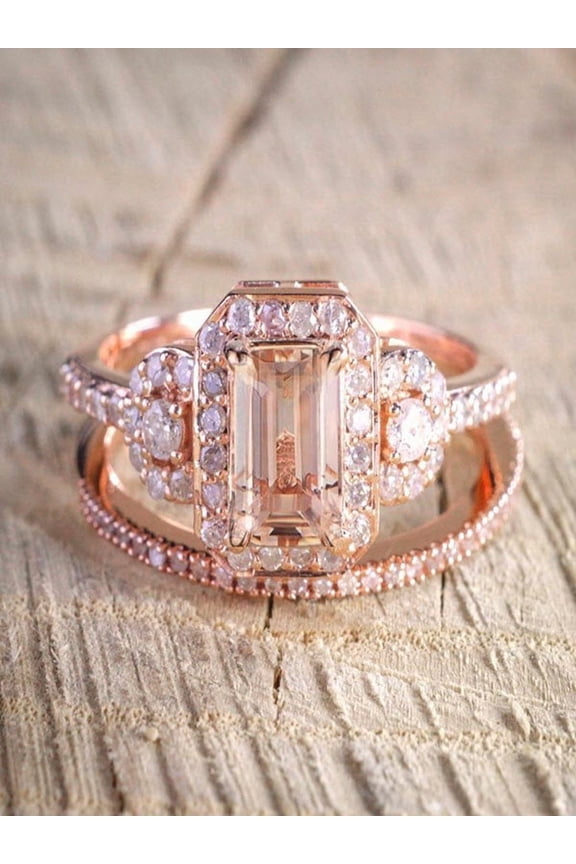 1.50 carat Morganite and Diamond Halo Bridal Wedding Ring Set in Rose Gold: Bestselling Design