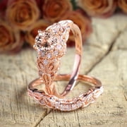 JEENJEWELS 1.50 carat Round Cut Morganite Diamond Halo Bridal Wedding Ring Set with 18k Gold Plating