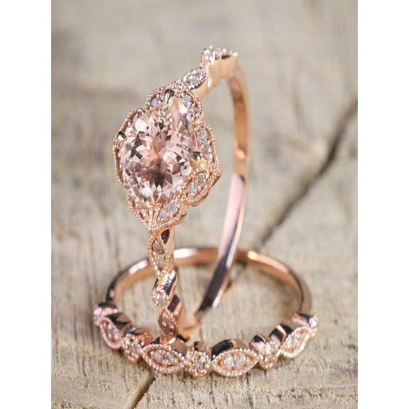 1.50 carat Round Cut Morganite and Diamond Halo Bridal Wedding Ring Set in Rose Gold: Bestselling Design
