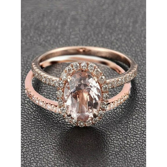 1.50 carat Round Cut Morganite and Diamond Halo Bridal Wedding Ring Set in Rose Gold: Bestselling Design
