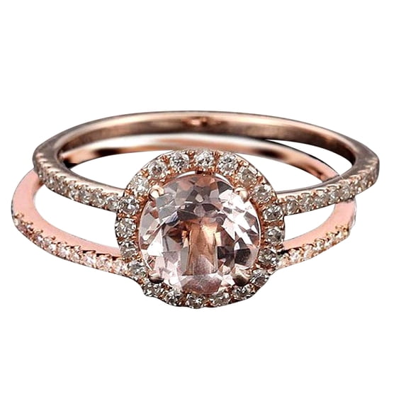 1.50 carat Round Cut Real Morganite and Moissanite Halo Bridal Wedding Ring Set Sterling Silver with 18k Gold Plating