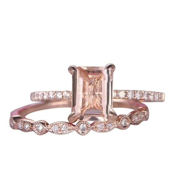 1.50 carat emerald Cut Morganite and Diamond Bridal Set Engagement Ring 10k Rose Gold on Sale