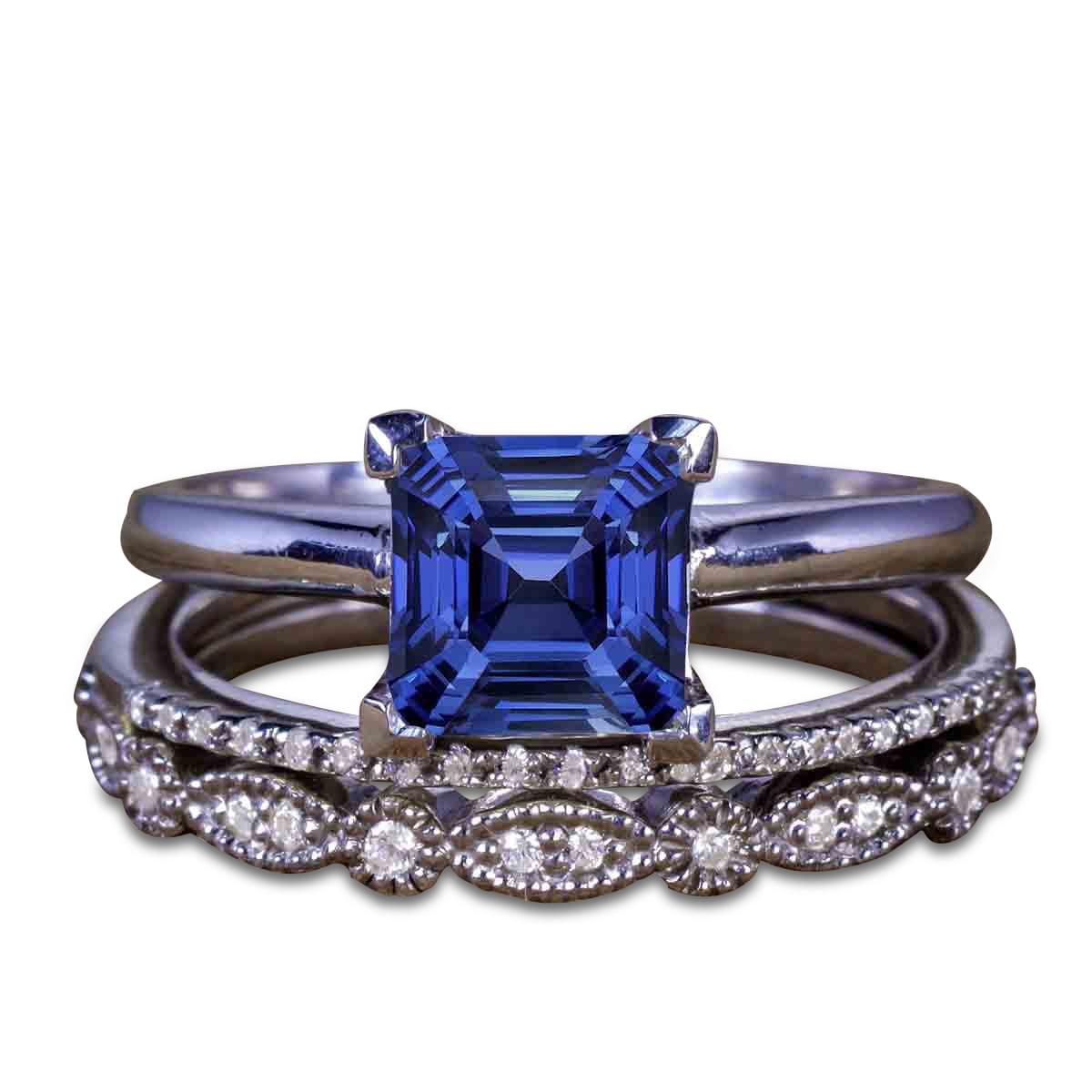 1.50 ct Princess Cut Dark Lab Created Blue Sapphire Vintage Wedding Rings -  Trio Bridal Set in 18K Black Gold over Silver 