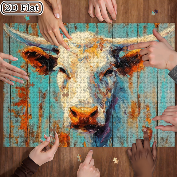 1. 500pcs Longhorn Cow Head Puzzle, Vibrant Art Style High-Difficulty DIY Portable Puzzle, Premium Cardboard, Ideal for Couples/Families/Gamers, Perfect New Year/Birthday Gift, Creative Leisure fo