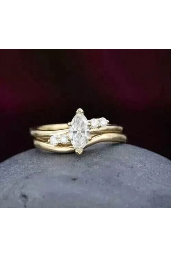 1.50CT Marquise Cut Lab Created Diamond Bridal Ring Set 14k Yellow Gold Plated