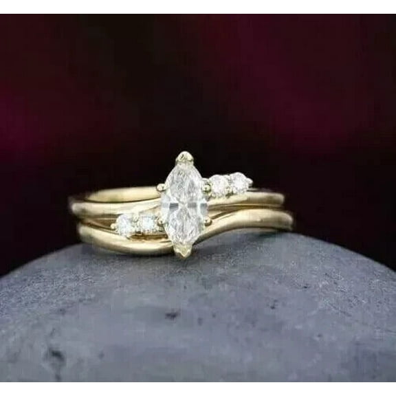 1.50CT Marquise Cut Lab Created Diamond Bridal Ring Set 14k Yellow Gold Plated
