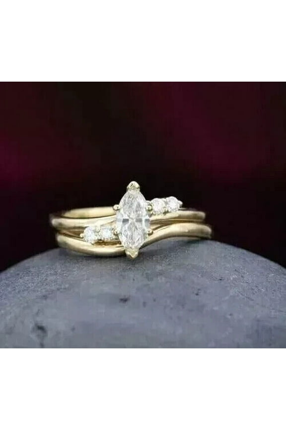 1.50CT Marquise Cut Lab Created Diamond Bridal Ring Set 14k Yellow Gold Plated