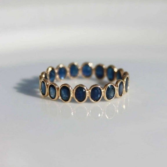 1.50CT Oval Cut Blue Sapphire 925 Silver Full Eternity Band Ring 14k Yellow Gold Plated