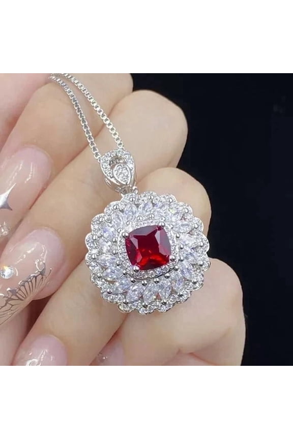 1.50Ct Cushion Cut Lab Created Red Ruby Halo Pendant 14K White Gold Plated Silver 18" Chain