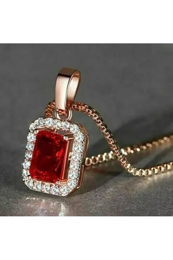 1.50Ct Emerald Cut Lab Created Red Ruby Pendant 14K Rose Gold Plated 18" Free Chain