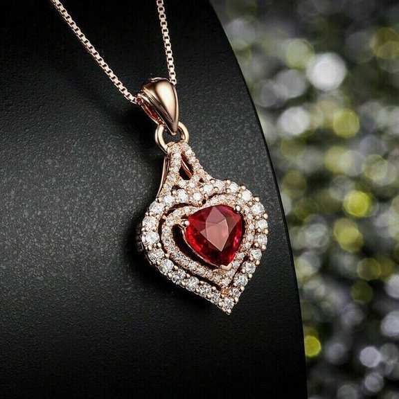 1.50Ct Heart Cut Lab Created Red Ruby Double Halo Women's Pendant 14k Rose Gold Plated Free Chain 18"
