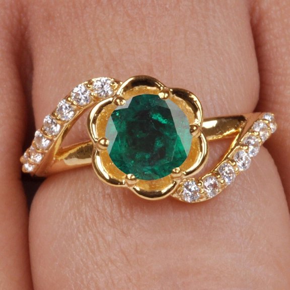 OMRE 1.50 Ct Zambian Emerald Diamond Engagement Ring, 14KT Yellow Gold
