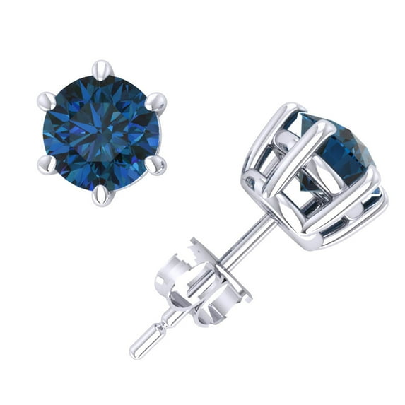 1.50Ct Round Blue Diamond Basket Stud Earrings 14k White Gold 6Prong Push Back I2
