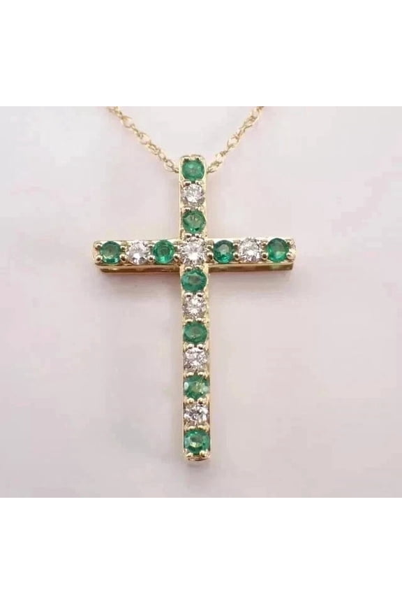 1.50Ct Round Cut Lab Created Green Emerald Cross Pendant 14K Yellow Gold Plated