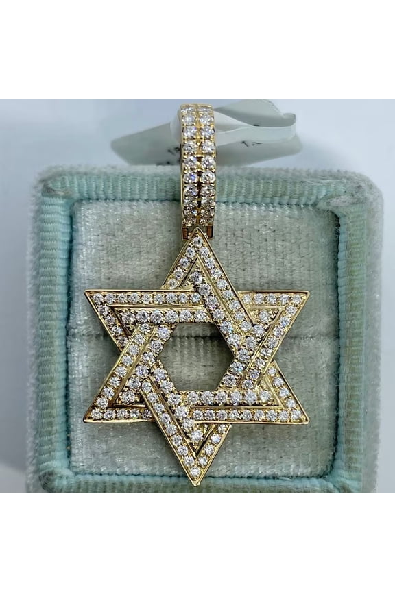 1.50Ct Round Cut Moissanite Men Star of David Pendant 14K Yellow Gold Plated 18"