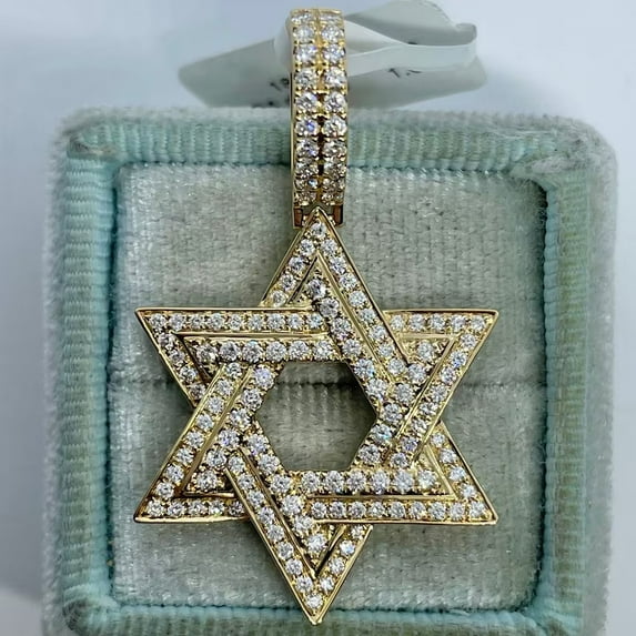 1.50Ct Round Cut Moissanite Men Star of David Pendant 14K Yellow Gold Plated 18"