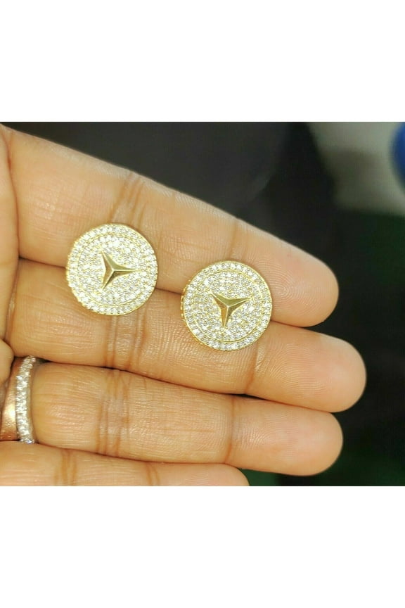 1.50Ct Round Cut Moissanite Mercedes-Benz Earrings 14K Yellow Gold Plated Silver