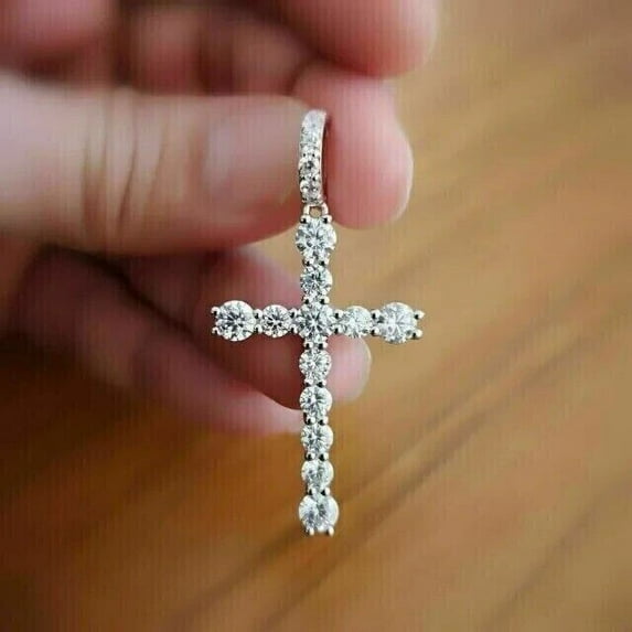 1.50Ct Round Cut Real Moissanite Cross Pendant 14K White Gold Finish Silver