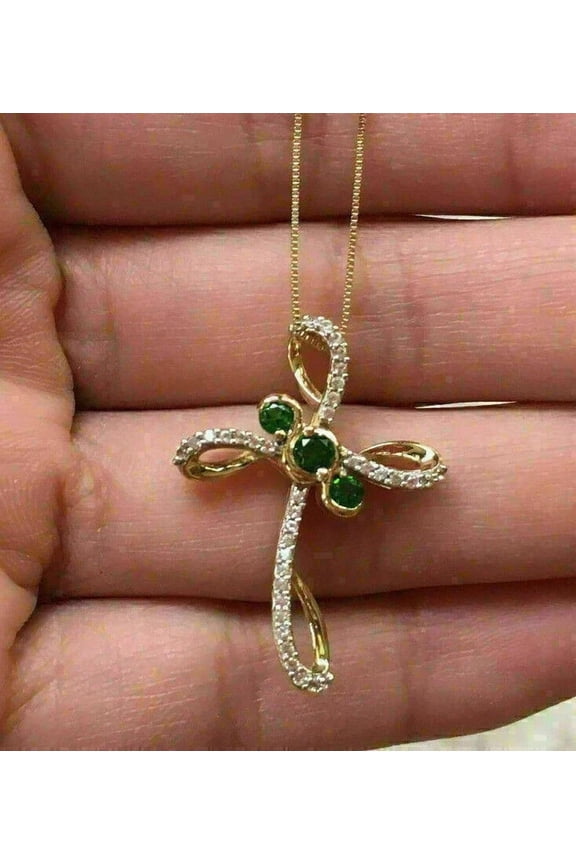 1.50Ct Round Cut Simulated Green Emerald Women's Fancy Cross Pendant Necklace 18" Box Chain 14k Yellow Gold Plated 925 Silver