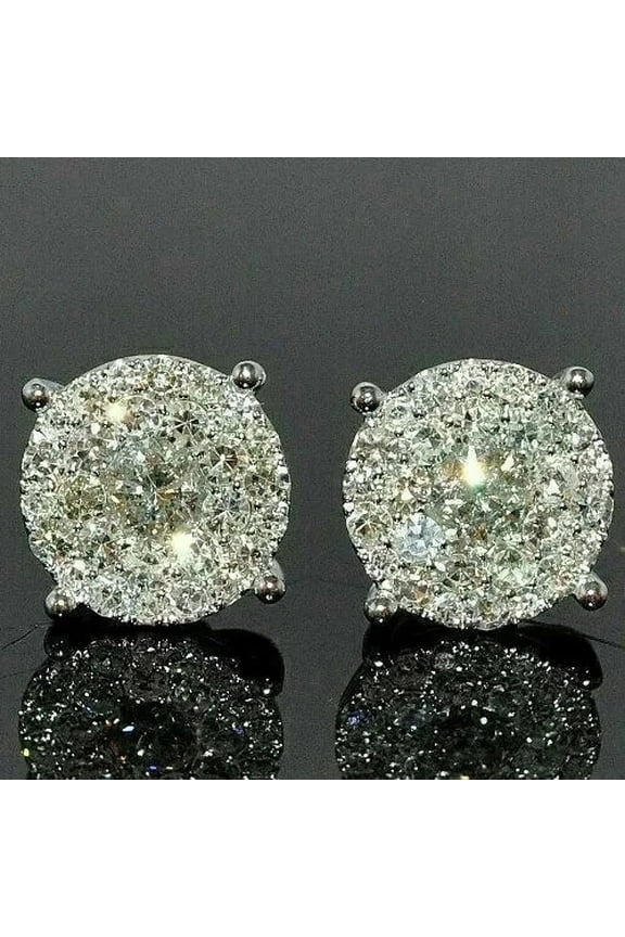 1.50Ct Round Real Moissanite Cluster Stud Earrings Solid 14K White Gold Plated