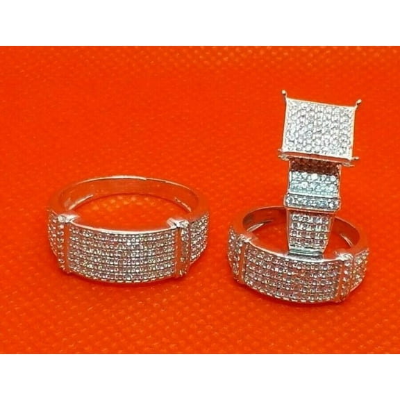 1.50ctw Round Cut Moissanite 14K White Gold Plated Silver His Her Wedding Band Ring Trio Bridal Set Valentine Gift