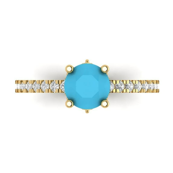 1.465 ct Round Cut Simulated Turquoise Solitaire with Simulated Diamond Accents 18K Yellow Gold Womens Engagement Ring