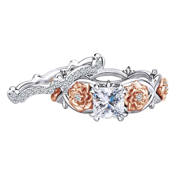 AFFY 1.52 Carat Princess Cut Moissanite & Natural Diamond Flower Two-Tone Engagement Ring 14K Solid White Gold Ring Size-10