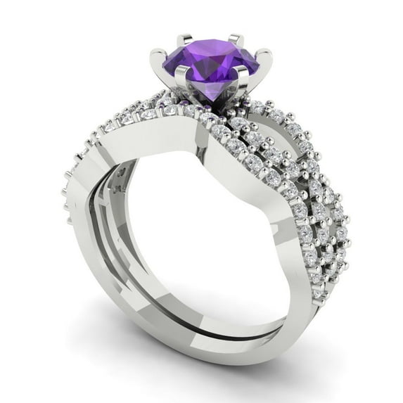 1.52 ct Brilliant Round Cut Natural Amethyst 14k White Gold Solitaire with Accents Engagement Bridal Wedding Ring Band Set size 10
