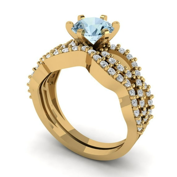 1.52 ct Brilliant Round Cut Natural Aquamarine 14k Yellow Gold Solitaire with Accents Engagement Bridal Wedding Ring Band Set size 8