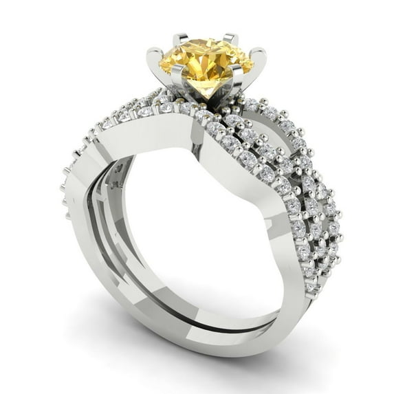 1.52 ct Brilliant Round Cut Natural Citrine 18K White Gold Solitaire with Accents Engagement Bridal Wedding Ring Band Set size 3.5